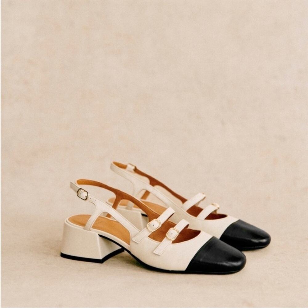 NWB Sezane PAULA BABIES Ecru white Black toe mid-height heels 38 - Picture 10 of 15